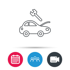 Car service icon. Transport repair with wrench key sign. Group of people, video cam and calendar icons. Vector