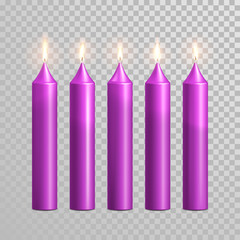 Romantic purple candle flame burning candles vector set
