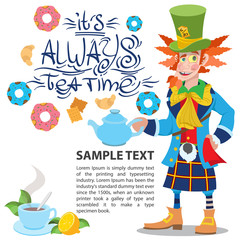 Fototapeta premium Hatter with a teapot. Illustration to the fairy tale Alice's Adventures in Wonderland. Template with place for text for design.