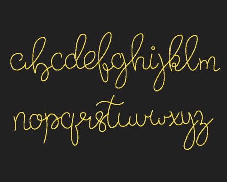 Glitter gold script alphabet. Shiny brush calligraphy typeface