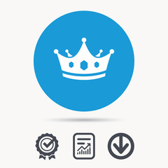 Crown icon. Royal throne leader symbol. Achievement check, download and report file signs. Circle button with web icon. Vector