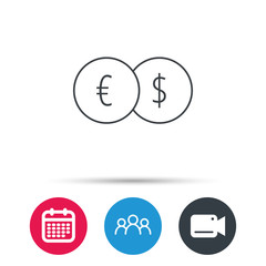 Currency exchange icon. Banking transfer sign. Euro to Dollar symbol. Group of people, video cam and calendar icons. Vector