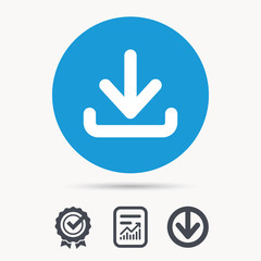 Download icon. Load internet data symbol. Achievement check, download and report file signs. Circle button with web icon. Vector