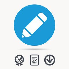 Edit icon. Pencil for drawing symbol. Achievement check, download and report file signs. Circle button with web icon. Vector