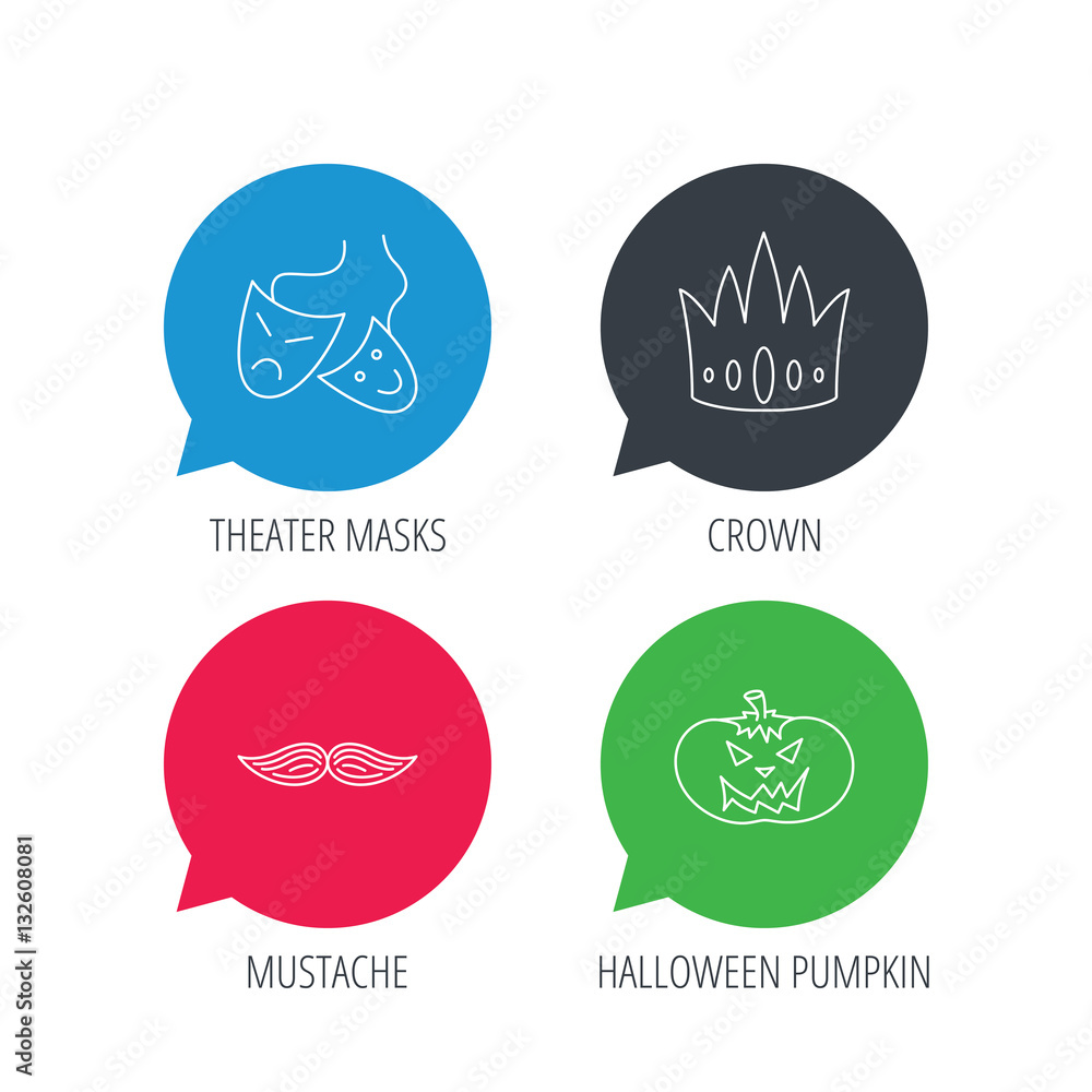 Poster colored speech bubbles. crown, pumpkin and theater masks icons. mustache linear sign. flat web butto
