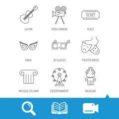 Museum, guitar music and theater masks icons. Ticket, video camera and 3d glasses linear signs. Entertainment, antique column icons. Video cam, book and magnifier search icons. Vector