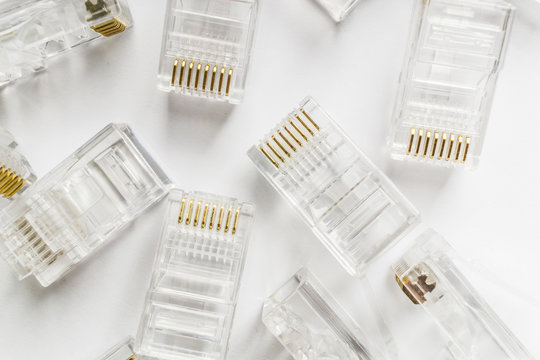 Transparent ethernet internet rj-45 connectors background on white