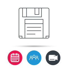 Floppy disk icon. Retro data storage sign. Group of people, video cam and calendar icons. Vector