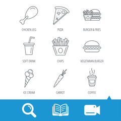 Vegetarian burger, pizza and soft drink icons. Coffee, ice cream and chips fries linear signs. Chicken leg, carrot icons. Video cam, book and magnifier search icons. Vector