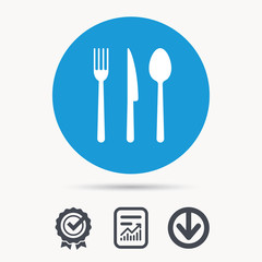 Fork, knife and spoon icons. Cutlery symbol. Achievement check, download and report file signs. Circle button with web icon. Vector