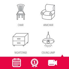 Achievement and video cam signs. Ceiling lamp, nightstand and armchair icons. Chair linear sign. Calendar icon. Vector
