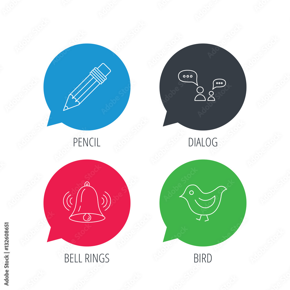 Poster colored speech bubbles. dialogue, pencil and bird icons. bell rings linear sign. flat web buttons wi