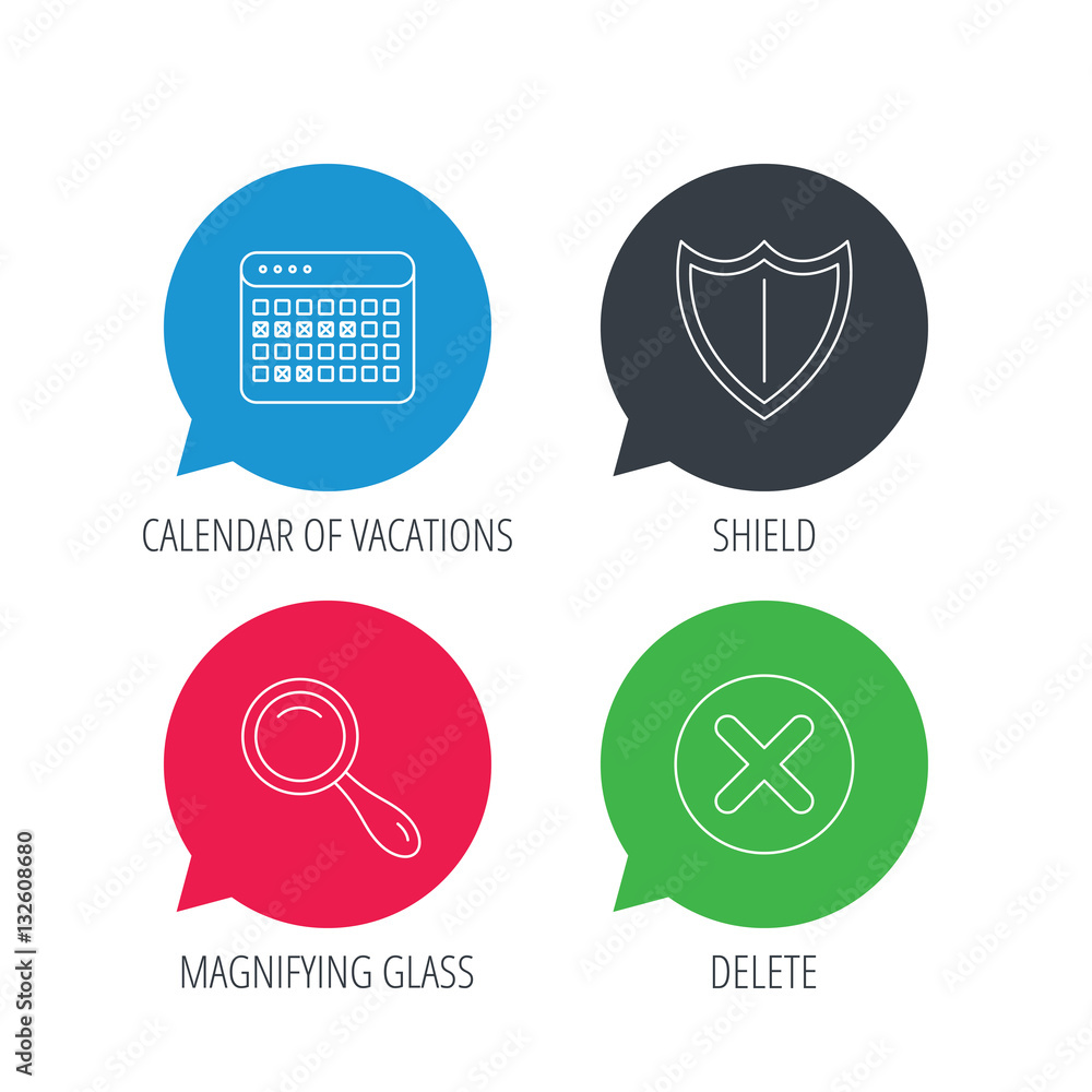 Poster colored speech bubbles. calendar, magnifying glass and delete icons. shield linear sign. flat web bu