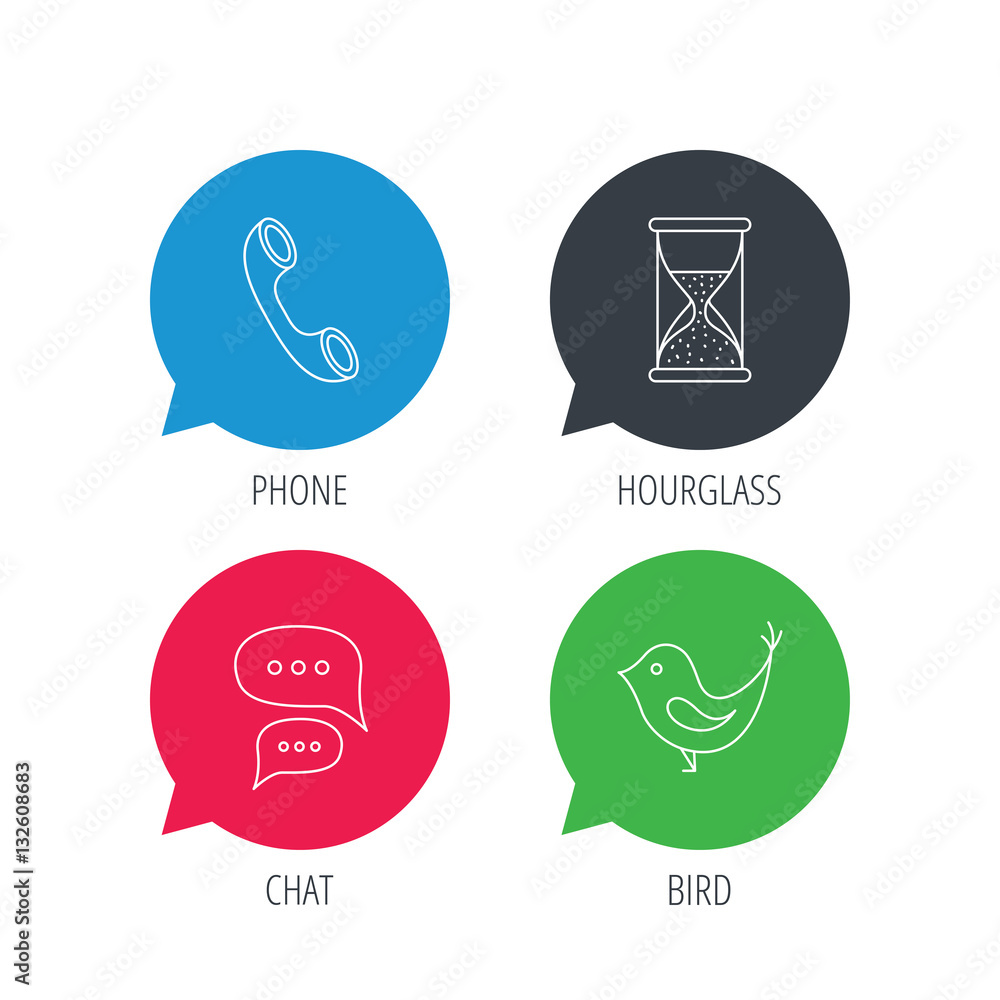 Poster colored speech bubbles. chat, bird and phone call icons. hourglass linear sign. flat web buttons wit