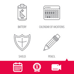 Achievement and video cam signs. Battery, pencil and protection shield icons. Vacation calendar linear sign. Calendar icon. Vector