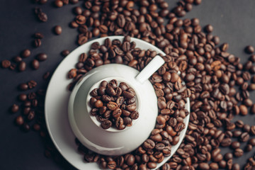mug with coffee beans, close-up, drink, aroma