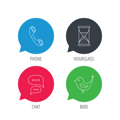 Colored speech bubbles. Chat, bird and phone call icons. Hourglass linear sign. Flat web buttons with linear icons. Vector