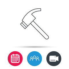 Hammer icon. Repair or fix tool sign. Group of people, video cam and calendar icons. Vector