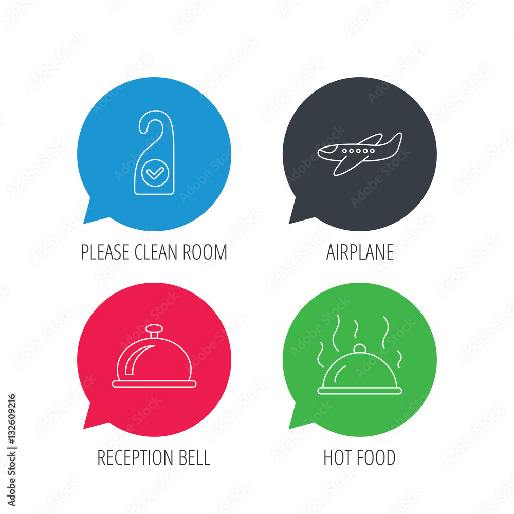 Poster colored speech bubbles. hot food, reception bell and clean room icons. airplane linear sign. flat we