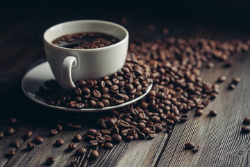 mug with coffee beans, close-up, drink, aroma