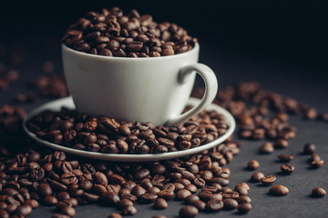 mug with coffee beans, close-up, drink, aroma