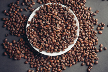 mug with coffee beans, close-up, drink, aroma