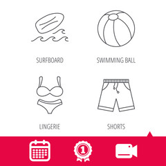 Achievement and video cam signs. Surfboard, beach ball and trunks icons. Shorts linear sign. Calendar icon. Vector