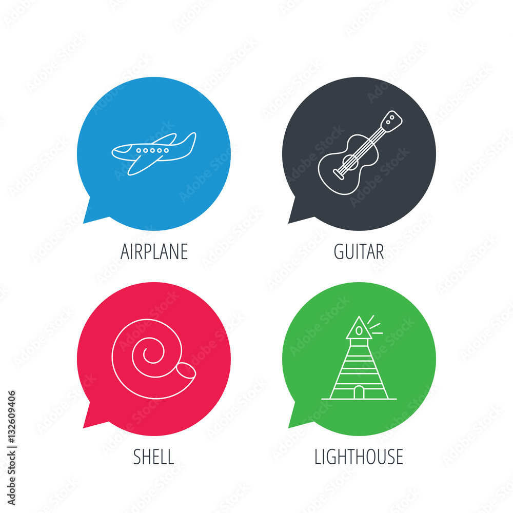 Poster colored speech bubbles. guitar, airplane and lighthouse icons. shell linear sign. flat web buttons w