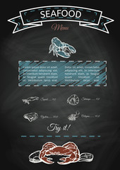 Seafood concept on chalkboard. Template with fish silhouettes for menu or brochure. Vector illustration