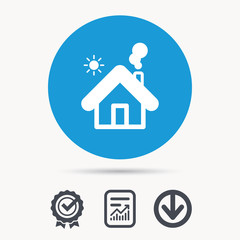 Home icon. House building symbol. Real estate construction. Achievement check, download and report file signs. Circle button with web icon. Vector