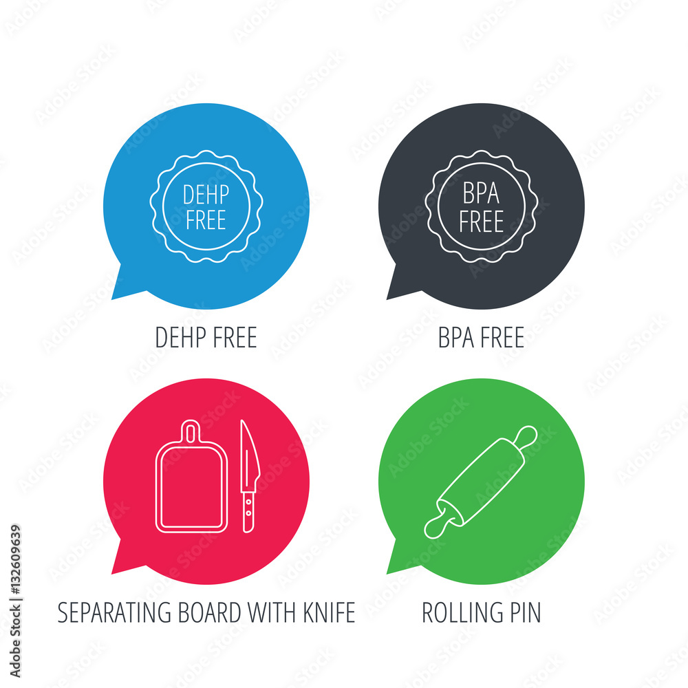 Poster colored speech bubbles. rolling pin, separating board and knife icons. bpa, dehp free linear signs. 