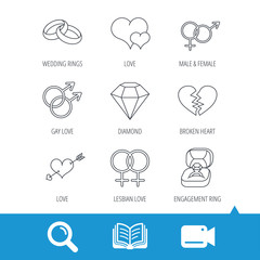 Love heart, gift box and wedding ring icons. Broken heart and engagement brilliant linear signs. Valentine amour arrow, gay and lesbian flat line icons. Video cam, book and magnifier search icons