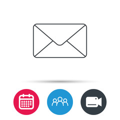 Envelope mail icon. Email message sign. Internet letter symbol. Group of people, video cam and calendar icons. Vector