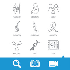Fototapeta premium Pregnancy, pediatrics and family icons. Trichology, vein varicose and oncology awareness ribbon linear signs. Radiology, DNA icons. Video cam, book and magnifier search icons. Vector