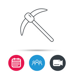 Mining tool icon. Pickaxe equipment sign. Minerals industry symbol. Group of people, video cam and calendar icons. Vector