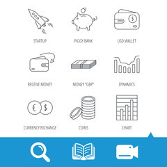 Piggy bank, cash money and startup rocket icons. Wallet, currency exchange and dollar usd linear signs. Chart, coins and dynamics icons. Video cam, book and magnifier search icons. Vector