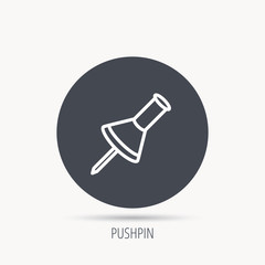 Pushpin icon. Pin tool sign. Office stationery symbol. Round web button with flat icon. Vector