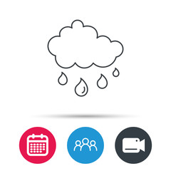 Rain icon. Water drops and cloud sign. Rainy overcast day symbol. Group of people, video cam and calendar icons. Vector