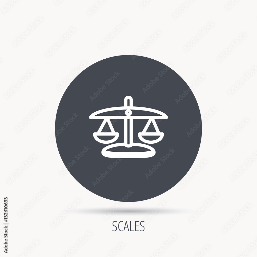 Poster scales of justice icon. law and judge sign. measurement tool symbol. round web button with flat icon
