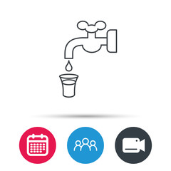 Save water icon. Crane or Faucet with drop sign. Group of people, video cam and calendar icons. Vector