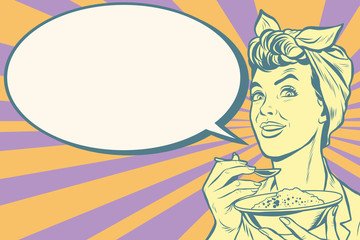 retro woman eating morning porridge