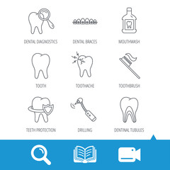 Tooth, dental braces and mouthwash icons. Diagnostics, toothbrush and toothache linear signs. Dentinal tubules, protection flat line icons. Video cam, book and magnifier search icons. Vector
