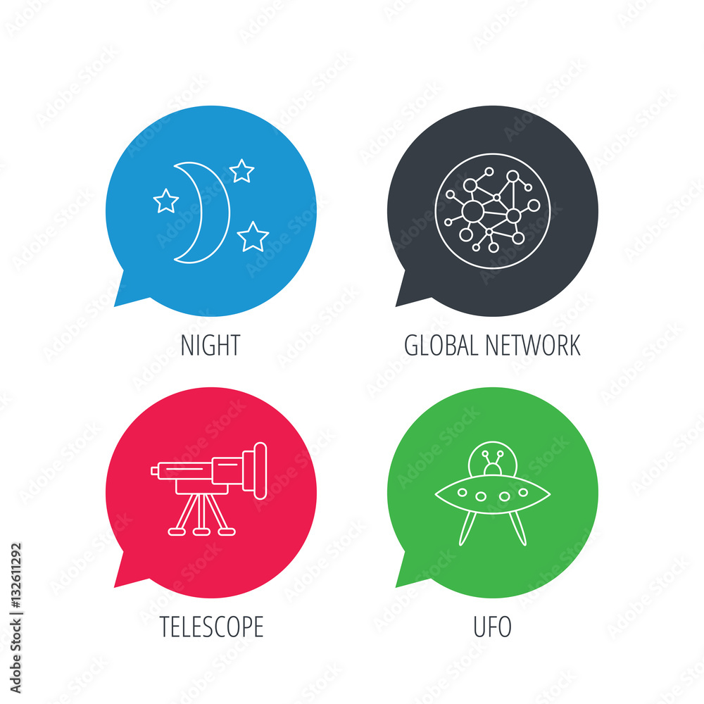 Aufkleber colored speech bubbles. ufo, global network and telescope icons. night linear sign. flat web buttons