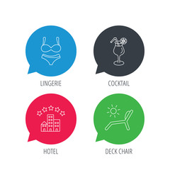 Colored speech bubbles. Lingerie, deck chair and cocktail icons. Hotel linear sign. Flat web buttons with linear icons. Vector