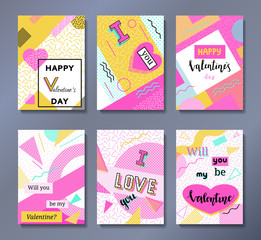 Valentine's day greeting cards set in trendy 80s-90s memphis style with geometric patterns and shapes. Vector illustration with lettering and colorful background