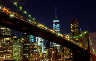 Brooklyn Bridge closeup over night in New York City Manhattan with lights