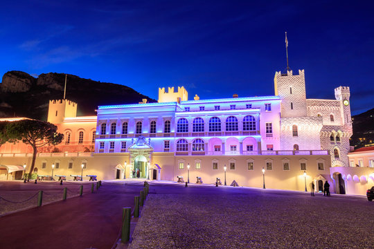 Beautiful night building of Prince's Palace in Monaco-ville.