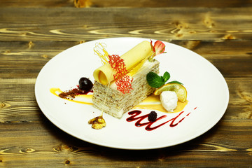 Delicious cake with wafer roll