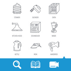 Dishwasher, kettle and mixer icons. Oven, steamer and iron linear signs. Hair dryer, blender and kitchen hood icons. Video cam, book and magnifier search icons. Vector