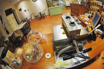 The empty cafe - working space and empty tables by the end of the day. Cozy and clean place for Breakfast or relaxing with friends and family, for celebrating birthdays, Valentine's day party.